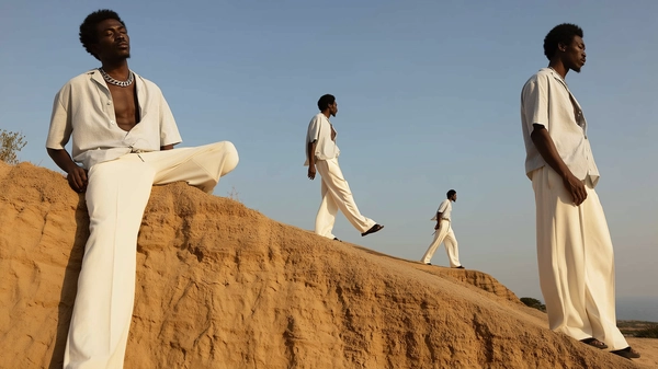 A spontaneous, casually surreal photograph showing a man repeated multiple times across a textured sandy cliffside, always wearing wide white trousers, a half-buttoned light shirt, and chain jewelry. One version sits relaxed on a rocky ledge looking contemplative, another reaches upward with a slight stretch, a smaller scale figure walks diagonally as if pacing thoughtfully, and a larger one stands motionless gazing toward the horizon. Warm natural daylight highlights the realistic skin textures, fabric folds of the breezy trousers and shirt, and the subtle gleam of the chain jewelry, with natural shadows and soft reflections lending authentic iPhone snapshot appeal. The composition features an intuitive framing with unexpected cropping—half a figure just entering the frame—and varied perspectives blending close-up and distance, creating a surreal but believable scene of quiet movement and introspection in a serene outdoor setting.