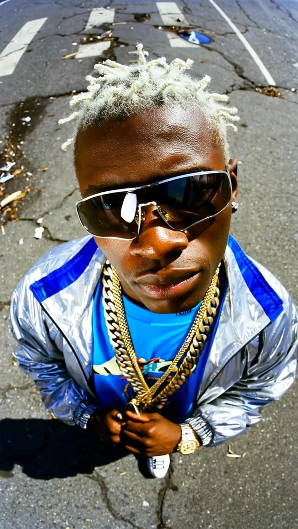 A wide shot of a Black rapper with light bleached hair styled in tight short twists, detailed natural skin texture visible across his cheeks, forehead, and chin, captured in a middle close-up from a top-down wide-angle perspective. He wears a shiny chrome silver track jacket with bright blue accents layered over an electric blue graphic tee. Large gold Cuban link chains and a chunky watch are angled directly toward the lens, exaggerated in scale by the fisheye distortion. His face is positioned close to the lens and slightly off-center, with a confident, cold stare aimed upward above oversized tinted sunglasses.

He stands on cracked asphalt featuring faded street markings and scattered debris. Strong natural sunlight creates crisp shadows along his facial contours and clothing folds, while reflections gleam across the metallic jacket and jewelry. The wide-angle lens curves the background elements inward, emphasizing his dominance and filling the frame with intense visual energy. A slight grain overlays the image, preserving raw skin texture, fabric sheen, and reflective surfaces. early-2000s Y2K snapshot
