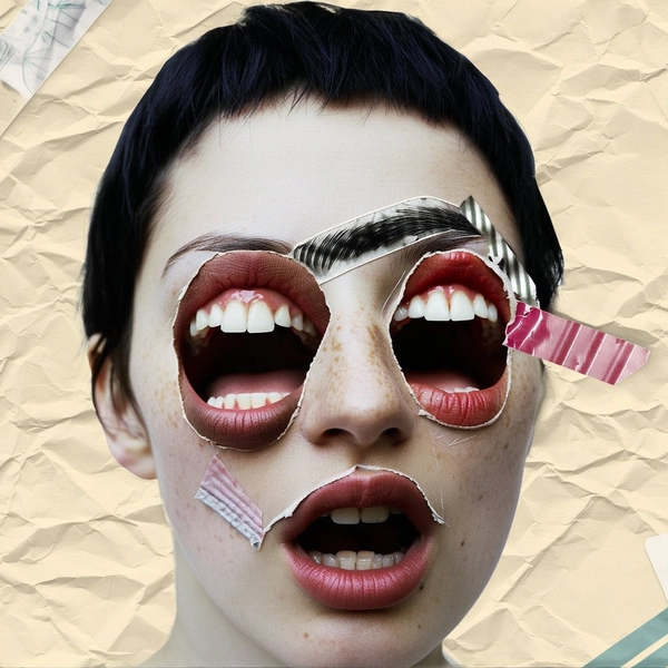 Her face is radically reassembled with two full mouths substituted for her eyes, positioned where the sockets would be and slightly skewed to mismatch the original eye line. Each mouth is cut sharply with visible paper seams, bearing slightly parted lips that contrast in tone and texture, layered over a subtle torn edge where skin would normally fold. The nose remains central but appears fragmented with jagged overlays, while one eyebrow is duplicated and rotated oddly above the second mouth. Rough masking tape fragments and halftone sticker patterns edge the collage elements.

Her pale skin reveals fine pores, subtle freckles, and gentle redness near each mouth, grounding the surreal facial chaos in natural texture. Her hair is cropped close, raggedly cut with visible paper grain along the edges. The background features muted xerox grain and faint crumpled paper textures, enhancing the handcrafted zine vibe. The portrait feels violently reassembled yet tactily human.