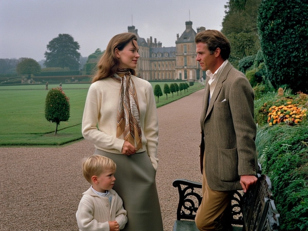 In the soft, diffused light of an overcast English afternoon, a young family stands poised in the manicured gardens of a stately heritage estate. Their expressions are serene, reflecting quiet confidence as the mother drapes an Hermès silk scarf delicately around her neck, her cashmere sweater gently glimmering with the muted cream hues typical of Fuji film stock. The father, dressed in a tweed blazer reminiscent of Ralph Lauren’s classic tailoring, leans thoughtfully against a weathered wrought-iron bench, his gaze tenderly fixed on their child, who is clad in soft linen and wool layers. The scene unfolds with gentle shadows playing over the textured gravel path and the lush greenery, all rendered through a meticulous 50mm lens, while the subtle 35mm analog grain enriches the composition with vintage authenticity. This poised tableau, balanced and evocative, reflects the effortless grace and understated luxury of a timeless English family moment. —late-70s / early-80s cinematic photograph, authentic film grain.