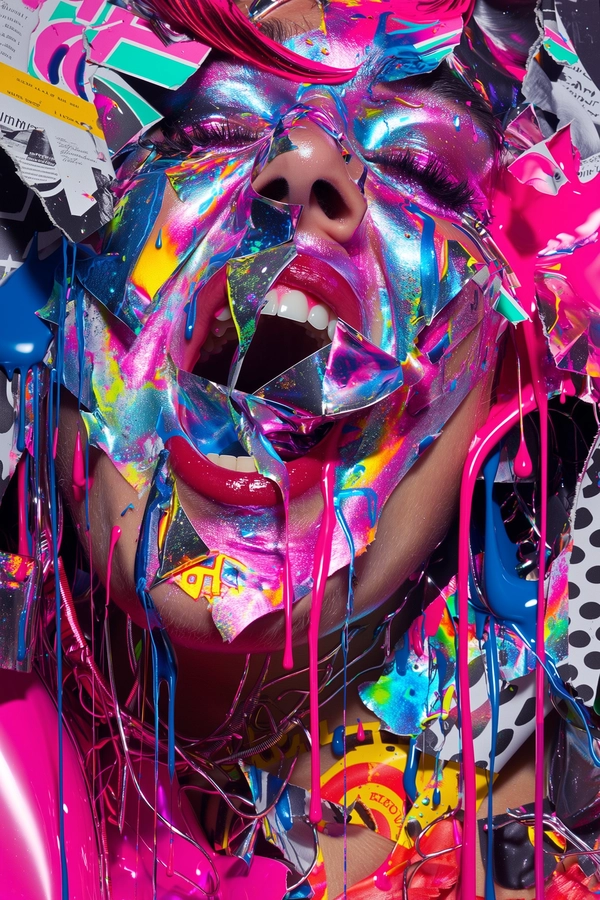 A frenetic portrait of a pop star caught in a moment of ecstatic performance, layers of iridescent lip gloss strokes sheen across fragmented facial features, juxtaposed with sharp-edged vinyl stickers gleaming in saturated electric pinks and neon blues. Torn magazine clippings interweave with misty sprays of cobalt and magenta paint, their rough paper texture contrasting against the slick gloss and peeling sticker surfaces. The composition pulses with chaotic energy, as overlapping layers dissolve and collide—sharp geometric sticker outlines blur into fluid, dripping paint trails and shards of glossy magazine fragments. The star’s expression vibrates between wild abandon and fragmented identity, caught in a storm of tactile elements that shimmer and crackle with urban vitality. This mixed-media chaos balances analog collage textures against glossy digital-inspired highlights, echoing a restless, vibrant momentum—urban mixed-media surrealism.