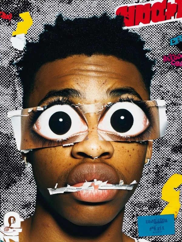 His face is reconstructed with exaggeratedly huge eyes—one eye duplicated and layered partially rotated above the other, creating unsettling vertical displacement. His lips are slightly offset, torn into jagged paper-like edges that peek beneath a sharpened, split nose bridge. The facial features are arranged as if cut from separate magazine scraps, reassembled with visible tape fragments and rough hand-cut seams, creating a disjointed, collage-style hip hop persona brimming with underground energy.

His skin shows realistic texture: natural pores, faint acne scars, and subtle sheen on the nose. His hair is tightly coiled, roughly cut with fringed paper edges. The background is a layered xerox-style black-and-white halftone pattern, splattered with sticker overlays and grainy noise reminiscent of 90s urban rap flyers. The composition feels raw and tactile, a defiant analog snapshot of hip hop culture.