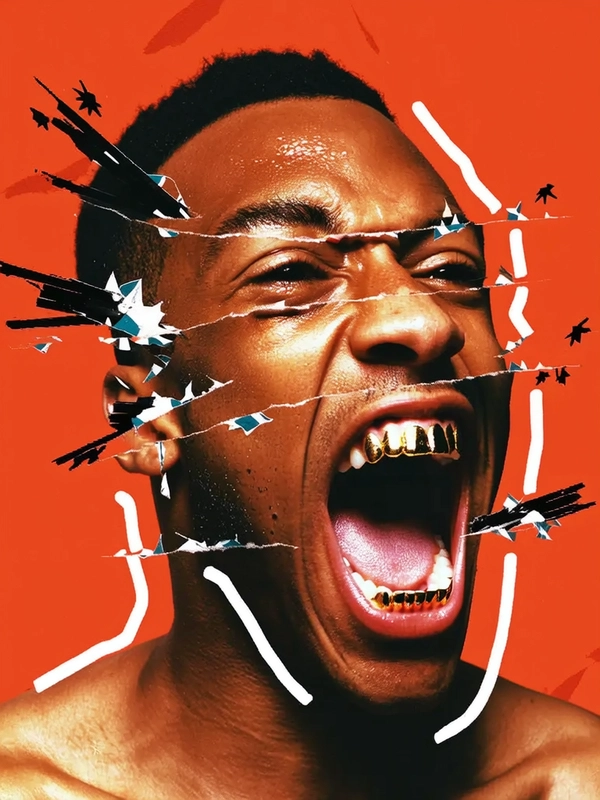 The face is torn into jagged layers—each fragment a slightly different snapshot of the same scream. His mouth is repeated twice, one above the other, both wide open and glittering with gold teeth that gleam like cut foil. Sections of his cheeks are pasted over themselves in offset alignment, exposing sharp edges and sudden tone shifts. His eyes remain whole but are surrounded by paper-shard bursts and sticker-like starbursts, as if the emotion is fracturing the print itself. The head feels mid-motion, like a frozen punch collapsing into collage.

His skin is raw and high-contrast—sweat glosses the brow, textured pores catch the flat flash lighting. The jaw shows visible razor bumps and heat-shadowed edges. The background is pure red-orange, matte and loud, with slashes of white graphic marks curling around his shoulders like motion lines. Black cutout shapes linger around the edges like visual debris from the explosion.