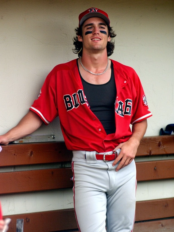 He’s standing just inside the dugout, leaning against the wooden railing with one hand gripping the edge and the other tucked into the waistband of his low-slung white baseball pants. His jersey is bright red with bold black lettering across the chest, unbuttoned to reveal a fitted black tank top underneath. The sleeves are rolled slightly, showing off his forearms, and a silver chain hangs loose around his neck, resting against his collarbone as he shifts his weight. His cap sits backward, with short dark curls poking out near the nape of his neck, and black eye paint smudges are still faintly visible beneath his eyes. His stance is relaxed but alert, like he’s just stepped out of the game but hasn’t fully left it. The red of his uniform pops sharply against the dusty beige of the stadium wall behind him, all texture and color playing off the light just right.
—casual candid early-2000s Y2K snapshot, grainy softness