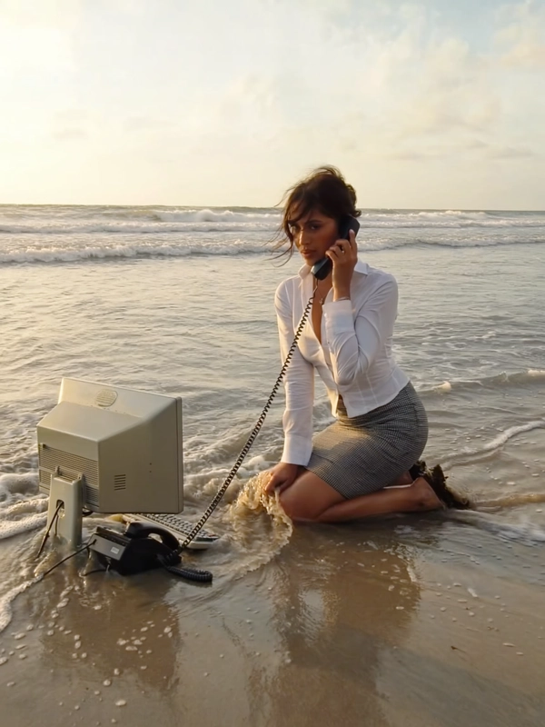 With waves lapping rhythmically against the shore, a woman kneels on the wet sand, waves gently reaching her knees as she clutches a retro landline phone receiver to her ear. Dressed in a crisp white blouse paired with a fitted houndstooth pencil skirt, she exudes an aura of corporate poise amid the surreal coastal setting. The sunlight casts warm golden hues, long shadows stretching across the sand, highlighting an old beige CRT monitor and full-sized keyboard nestled beside a desk phone tangled with coiled cord, partially covered in clinging seaweed. The photo has a grainy quality, suggesting it may be a still from a video or taken with an older digital camera. Her hair is gently tousled by the sea breeze, and her expression is focused and composed beneath the muted glare. Quick snapshots create a soft-focus effect at the edges, and muted colors swirl into a nostalgic haze, capturing an absurd twist on remote work culture. The gentle surf brushes against the office chair’s legs, blurring the divide between professionalism and nature’s whimsy—early-2000s digicam snapshot, grainy quality.