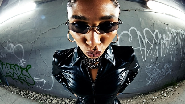 A wide shot of a woman with medium brown skin, detailed natural skin texture evident on her nose, cheeks, and forehead, and sleek hair pulled back tightly, captured from a middle close-up top-down wide-angle perspective. She wears a form-fitting, glossy black leather suit with defined seam details that catch highlights, equipped with oversized silver hoop earrings and layered chunky silver chains. Her face is positioned slightly off-center, lips pursed confidently as her eyes stare upward through tinted rectangular sunglasses, the wide-angle lens pulling her face and jewelry forward to appear dominant and commanding.

She stands against a cracked urban wall with peeling graffiti, the ground beneath showing scattered gravel and rough textures. Bright overhead lighting casts sharp highlights on the leather and metallic jewelry, creating reflections that enhance the suit's glossy finish. The fish-eye lens distorts the background with curved edges while compressing space, intensifying her confident posture and the gloss of her attire. A subtle grain overlay adds an analog texture across visible skin pores, the leather's shiny surface, and the gritty wall behind. early-2000s Y2K snapshot