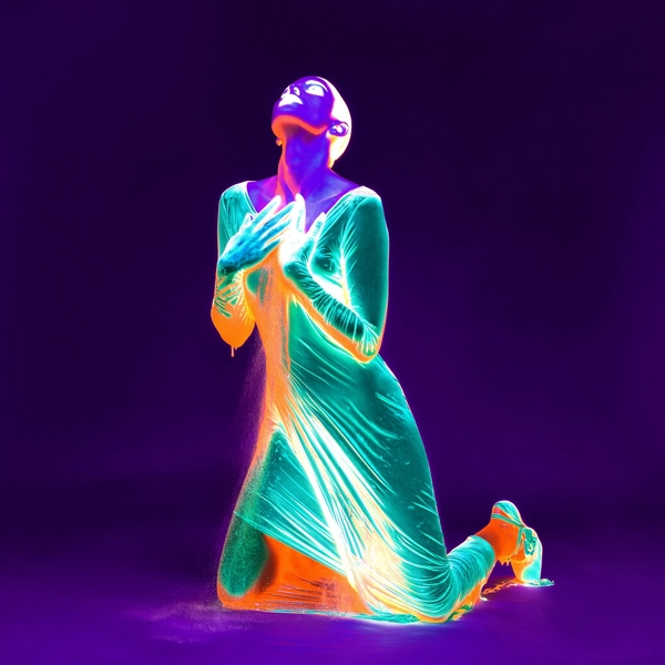 In the heart of a deep violet void, a thin figure kneels on one knee, their chin tilting upwards as slender fingers graze a luminous collarbone, rendered in spectral inverted hues where electric teal and radiant orange bleed into plasma-white edges. Their attire shimmers like molten silk dissipating into viscous streams of ghostly pastel, the fabric’s liquefied folds pulsating in multiple spectral channels flipped by an infrared inversion that vaporises flesh into ethereal cascades. Coarse clusters of 800 ISO grain settle thickly across dripping latex surfaces, dust specks waltzing in gentle gate-weave flickers around blurred, mid-moment trails—the photo quality suggests a slightly grainy or low-resolution digital look, capturing a candid moment. The model’s motion arrests yet reverberates in fractured radial blur, after-images trailing like fractured light caught mid-flight. Shot with a Canon EOS R5, RF 85 mm ƒ/1.2, overlaid with essence of tungsten tungsten film, the scene defies definition—where skin dissolves into neon shadows, and stillness is alive with flux. —surreal inverted-color fashion editorial, heavy film grain texture