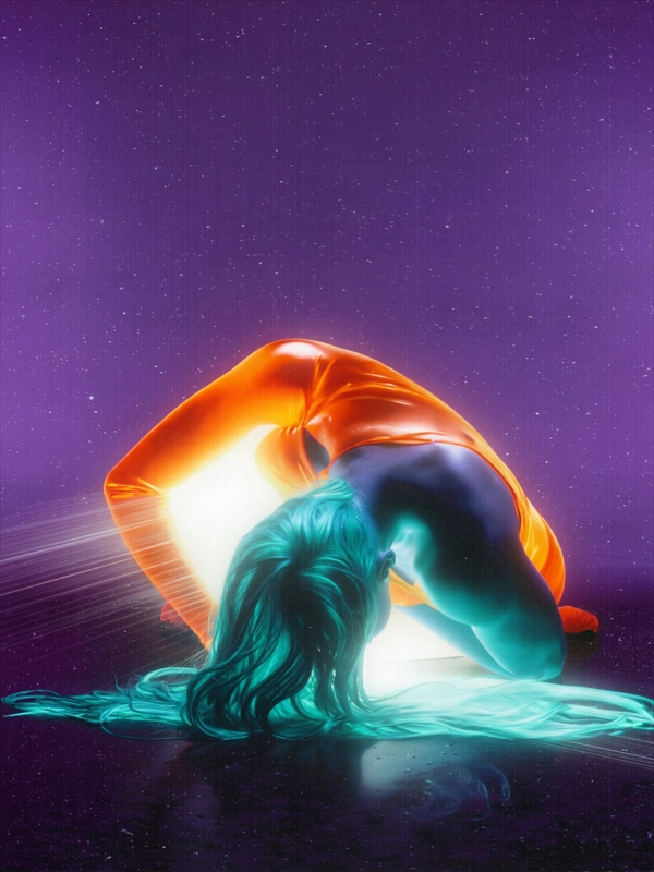 Electric teal veins pulse beneath a figure crouched and bowed, head collapsed into a cascade of liquid mercury hair arching to the obsidian floor. Their iridescent attire bleeds radiant orange halos, latex slick and melting, skin vaporizing into spectral streams of ghostly silk. An RGB channel flip inverts the familiar: plasma whites flare where shadows should dwell, edges soften in radial blur, as after-image trails mimic the graceful arc of each strand. The minimalist deep violet void behind hums with suspended quiet, magnifying the eerie glow and emphasizing the coarse grain clusters and faint gate-weave flicker that fracture the scene like fractured time. Dust specks drift through the infrared swap’s phantom light, pelvis a tense pivot amid the motion blur streaks. Captured on a Canon EOS R5, RF 85 mm ƒ/1.2 lens, overlaid with scanned 800 ISO tungsten film grain and sprocket-flash burn, the photo quality suggests a slightly grainy or low-resolution digital look, capturing a candid moment—surreal inverted-color fashion editorial, heavy film grain texture