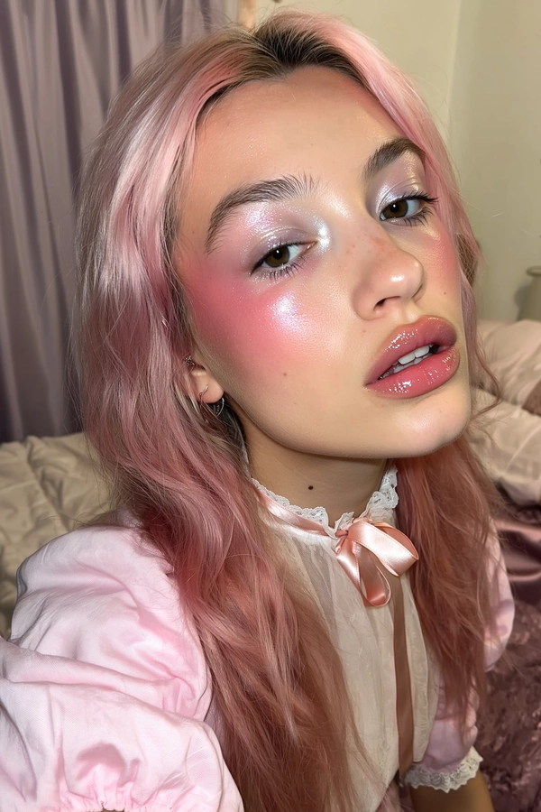 A close-up iPhone-style portrait of a young woman with soft pastel pink hair styled in natural, loose waves cascading gently past her shoulders. Her complexion features a luminous, dewy finish with visible pores and subtle peach fuzz, enhanced by a delicate pearl highlighter softly catching the light on her cheekbones and the bridge of her nose. Her makeup embodies the babydoll style with light silver shimmer eyeshadow delicately applied across her eyelids, heavy pink blush diffused along her cheeks and beneath her eyes, and glossy translucent pink lip gloss giving a moist, tactile shine. Her eyebrows are natural light brown, softly brushed upward, unbleached. The photo is captured with direct iPhone flash, creating authentic strong highlights on her skin and faint shadows softly fading along the contours of her face and neck, contributing to a spontaneous and intimate Y2K mood. The framing is tight from just above her head to below her collarbones, taken at an informal slight tilt, with her gaze relaxed and looking slightly off-camera, lips parted naturally. She wears a pale pink puff-sleeve blouse with delicate lace collar and a sheer layered fabric softly draping her shoulders, accented with a small satin ribbon tied at her neck. The background is softly blurred with pastel cream and gentle lilac tones, featuring subtle hints of indoor textures like bedding and curtains. Fine details such as individual hair strands, fabric textures, skin surface, and glossy lips are crisply visible, enhancing the image’s tactile, real-life intimacy.