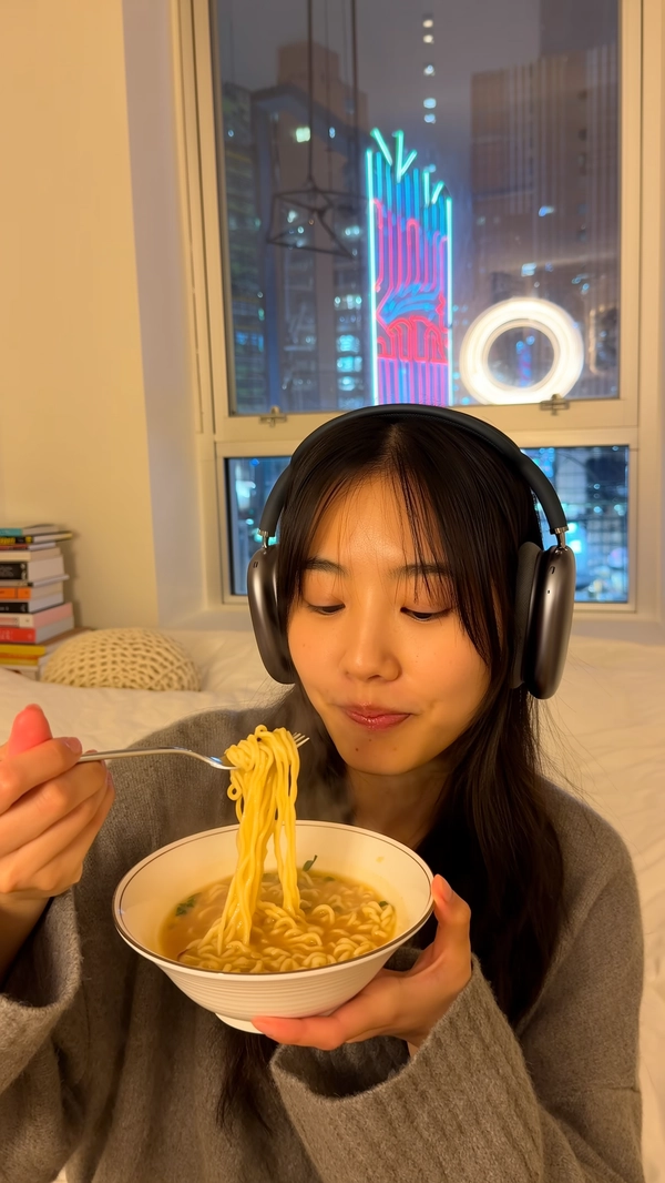 A dark-haired woman sits quietly in her cozy apartment, her glossy waves neatly tucked behind ears framed by sleek, modern headphones. Her face remains composed, eyes half-lidded as she lifts a steaming forkful of instant ramen, delicate noodles glistening with a light sheen of broth that clings enticingly. She wears a soft, cashmere-toned sweater, the fabric’s fine weave discernible in the warm lamplight.

Neon signs flicker beyond the window behind her, casting cool, shifting colors that ripple gently over the pane and reflect softly on her smooth skin. The soft indoor light bathes the room in a golden hue, contrasting delicately with the urban vibrance outside. Her lips carry a subtle gloss sheen, catching hints of ambient light as the fork inches closer.

The apartment reveals modest details — a blurred stack of books beside her, a knitted cushion behind, and a gentle steam rising from the bowl that hovers in frame. The focus remains intimate, emphasizing the tactile textures: the glossy broth glistening on the noodles, the woman's porcelain skin, the knit fabric layers.

Captured at arm’s length with a slight tilt, the iPhone view frames this quiet moment perfectly — a serene, composed subject enjoying her meal amid a gentle city glow. The image balances everyday life with editorial calm, perfectly resembling a candid iPhone photo.
