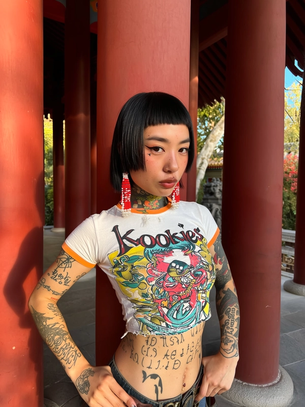 An alternative Asian woman stands casually in front of tall red temple columns, her body slightly turned in a relaxed, confident pose captured in a mid-shot from waist to head. Her straight jet-black hair has sharp short bangs with natural texture. She wears a fitted vintage cropped tee with a colorful, distressed cartoonish apocalyptic graphic and chaotic “kookies” text, showing subtle wear. Bold black tattoos cover her arms, neck, and torso blending script, botanical, and tribal styles with visible skin pores and faint imperfections. Large red and white bead tassel earrings frame her face. Warm, diffuse light casts soft shadows emphasizing her inks and subtle matte lips with defined eyeliner. The background softly blurs traditional East Asian red pillars, stone, and foliage, contrasting edgy modern with cultural tradition in a spontaneous iPhone snapshot.