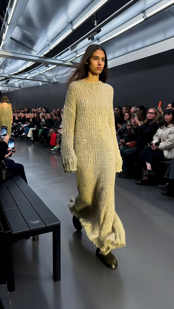 A poised female model glides forward wearing an oversized chunky knitted sweater dress in soft oatmeal hues, the thick yarn’s textured weave catching subtle highlights as the hem sways mid-stride. Her expression is calm yet intense, rimmed eyes softened by overhead metallic ceiling panels that shimmer gently under cool white spotlights. Around the narrow runway, a hushed, packed audience sits shoulder to shoulder on sleek black benches, faces barely visible yet capturing the expectant silence. Industrial steel trusses and spliced LED strips frame the scene with dappled reflections, casting soft ambient light that contrasts with the sharp specular highlights on the floor’s matte finish. Slight motion blur trails the swinging fringe of the sweater’s hem, while the phone’s sensor grain emerges in the dim shadows beneath the seats. Captured from an off-angle first-row vantage point, the subtle hand-held tilt and asymmetrical crop convey the immediacy and intimacy of the moment, with the faint glow of guest smartphones flickering in the background—a quiet electric tension. —contemporary runway snapshot, shot on iPhone