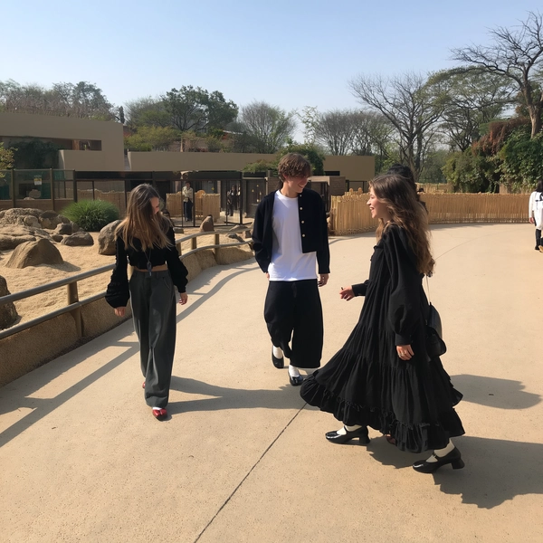 A spontaneous, casually candid photo taken with an iPhone showing a group of cool teenagers casually exploring a zoo on a bright day. The teenagers wear Japandi-inspired minimalist outfits: one in a simple white oversized T-shirt layered with a cropped black jacket, paired with loose wide-legged black pants and tabi-style shoes; another in a lightweight black blouse featuring subtle gathered ruffles, paired with a long, flowy skirt with minimalistic polka dot accents and elegant Mary Jane shoes with delicate socks. Their hairstyles are effortlessly tousled and natural, with minimal makeup highlighting fresh, natural skin textures. The zoo setting includes clean, minimalist wooden fencing, naturalistic enclosures with textured rocks and sparse greenery, soft natural outdoor daylight casting gentle shadows, and casual spontaneous framing with slight angle tilt to capture genuine candid moments. The scene reflects warm, neutral Japandi palette tones with simple urban and natural elements blending harmoniously, emphasizing relaxed elegance and authentic textures typical of candid iPhone photographs.