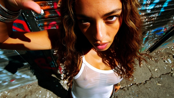 A wide shot of a female rapper with warm medium brown skin, natural skin texture visible across her nose, cheeks, and forehead, and long, loosely curled hair cascading over her shoulders, captured in a middle close-up from a top-down wide-angle perspective. She wears a form-fitting, thin white tank top that showcases subtle fabric creasing and sheen. Her face is positioned close and slightly off-center, her eyes locked directly on the viewer with confident intensity, lips slightly parted. The fisheye lens exaggerates her facial features and the forward tilt of her raised hand adorned with large rings and stacked bracelets, amplifying her assertive presence.

She stands against a gritty urban backdrop with chipped graffiti walls and cracked pavement below her feet. Harsh midday sunlight casts vivid highlights on her skin and the metallic glint of jewelry, creating deep shadows that emphasize contours and textures. The wide-angle distortion curves the background inward, isolating her figure and enhancing her streetwise dominance, while a subtle grain effect overlays to preserve authentic skin pore detail, fabric texture, and surface reflections. early-2000s Y2K snapshot