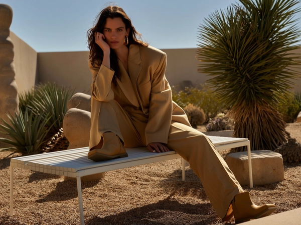 A spontaneous candid image of a female model with sharp eyes and porcelain skin sitting naturally on a minimalist white metal bench in a sculptural desert garden, wearing a crisp sand-colored suit featuring a boxy silhouette and square-toed boots. The late afternoon sunlight casts soft, warm natural lighting across her skin and the fabric's fine texture, highlighting subtle shadows and natural imperfections. Her relaxed, minimally aware expression and casual posture evoke genuine intimacy, while the surrounding desert plants and sculptural elements add authentic environmental detail. The composition is casually tilted and framed to emphasize spontaneous realism, characteristic of high-quality iPhone photography with natural depth and texture.