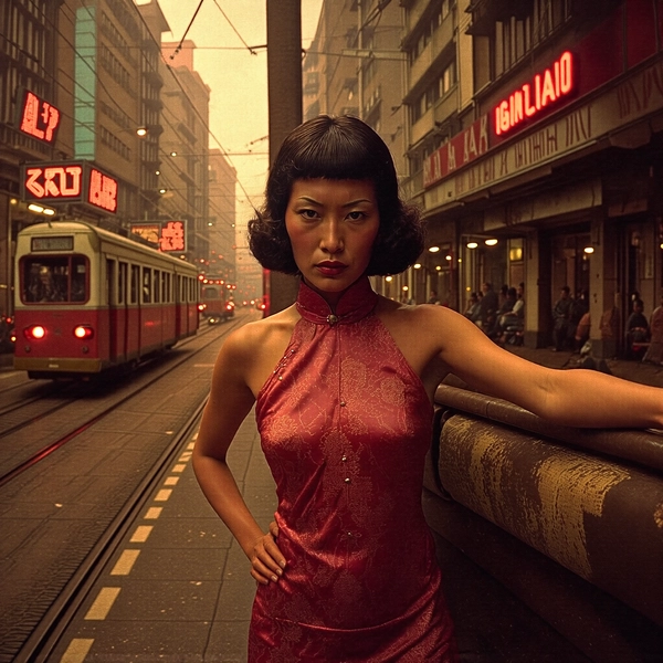 Bathed in the amber glow of vintage sodium-vapor street lamps, a Southeast Asian woman stands poised on an urban tram platform evocative of late-1970s metropolises. Her striking silhouette is framed by the plush yet structured lines of a pink paisley halter dress, the dramatic collar rising sharply around her neck like a defiant crown. Her raven-black hair, styled in sleek, glossy waves, contrasts against the soft fabric while catching flickers of neon signage flickering overhead. A fierce, controlled expression dominates her face — her dark eyes smolder under sculpted brows, lips slightly parted in subtle tension that suggests strength beneath restraint.

Around her, the city breathes with palpable texture: grime-speckled concrete beneath her feet, chipped enamel on rusted railings, and the hazy glint of blurred headlights trailing behind stationary trams. The air feels thick, charged with anticipation, shadows pooling deep and soft at the edges of the frame. Warm Kodak 5247 film stock imbues the scene with a rich amber hue, saturated yet moody, highlighting the sheen of her skin and the intricate tapestry of paisley swirls on her dress. The graininess of 35mm film enhances pores finely detailed in close-up, while gentle gate weave whispers through the darker corners.

Captured from an eye-level 50mm Leica R6 lens perspective, the composition centers her with an elongated vertical crop that emphasizes her statuesque posture and contrasts tightly with the blurred, kinetic urban backdrop. There is an intentional interplay of sharp focus and diffuse bokeh that draws the viewer's gaze to her fierce dignity amid harsh city elements, marrying elegance to grit in a perfectly balanced frame.

Overall, the portrait channels a cinematic drama reminiscent of Wong Kar-wai’s sensibilities from a decade prior, marrying vintage urban grit with poised femininity in muted pinks and amber glow. It is a frozen moment of quiet power and electric tension, resolutely rooted in late-70s / early-80s cinematic photograph, authentic film grain.
