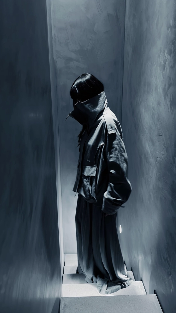 A softly dim-lit iPhone photograph capturing a model in a layered, avant-garde Julius outfit with a high-neck jacket partially obscuring the face and a long textured lower garment. She stands motionless inside a narrow stairwell fashioned from brushed concrete-textured surfaces evocative of Brutalist architecture, her body turned slightly toward the angular walls. Muted dusky blues and cool greys form the ambient lighting, softly diffusing shadows and gently illuminating subtle fabric folds and textural details. The composition is casually off-center with a slightly elevated downward tilt, capturing the fractured geometric reflections across the textured surfaces, subtle interplay between matte textiles and harsh concrete forms, all in a calm twilight palette conveying effortless mood and intimate quiet.