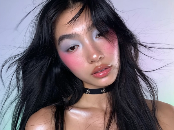 A close-up iPhone-style portrait of a young woman with long, naturally textured black hair, with soft loose strands falling casually across her face. Her skin has a dewy, glass-like finish with visible pores and a subtle natural glow on her nose and cheeks. Makeup is minimalist but reflecting babydoll styling: light cool-toned eyeshadow in soft greys and pale blues, heavy soft pink blush diffused gently across her cheeks and extending slightly beneath her eyes, and natural, soft rosy lips with a subtle glossy sheen. Her eyebrows are natural black, lightly brushed upwards without bleaching, maintaining a soft, slightly untamed look. She wears a delicate black choker adorned with subtle metallic accents that catch the light softly, complementing her overall look. The photo is tightly framed from just above her head to below the collarbones, captured at a slight off-center angle. Her expression is relaxed and unposed, with a gentle gaze slightly off-camera and lips softly parted. Lighting simulates soft studio illumination combined with a gentle wind effect, causing a few strands of hair to flutter subtly, enhancing natural texture. The background is softly blurred in cool pastel tones, evoking an intimate, minimal indoor setting. Fine details such as stray hairs, skin texture, fabric texture of the choker, and light reflections are clearly visible, giving the image a spontaneous and genuine feel.