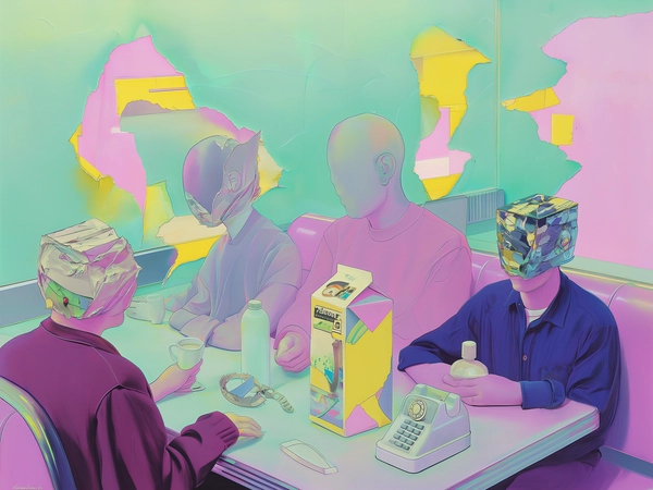 Four seated figures gather in a neon-lit diner booth awash with soft violet and mint-green glows, their human heads replaced by tangible plastic objects—a rotary phone, a weathered milk carton, a cracked tape dispenser, and a translucent detergent bottle. The scene is rendered in flat pastel gouache tones, whispering muted pinks, pale blues, and soft yellows, with collage-like torn edges outlining forms as if paper scraps assembling fleeting identities. Ambient neon lights cast gentle gradients across glossy, smooth surfaces of plastic, contrasting the matte, textured paper-like backdrop. The composition balances still, composed figures against glowing, fragmented environments; overlapping planes dissolve and recombine, evoking a surreal tension between human warmth and cold, synthetic abstraction. The painterly brushstrokes blend with cutout boundaries, merging analog tactility and digital collage aesthetics into a delicate, whimsical yet uncanny tableau—digital surreal collage abstraction.