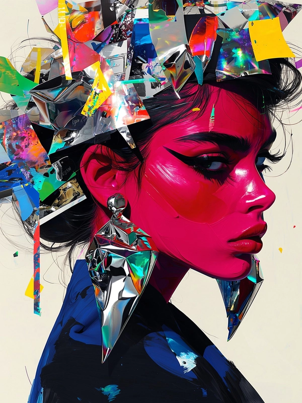 A close-up side profile of a woman emerges, her skin alive with broad, bold brushstrokes of saturated crimson and deep indigo that sculpt her features with expressive, tactile energy. Her eyes strike with thick, graphic black eyeliner, sharp and commanding against the vibrant painterly textures. Cascading from her ears are oversized, sculptural earrings that reflect fractured, gleaming fragments of metallic silver and matte onyx, their forms angular and abstract, jutting like jagged shards. Her hair dissolves into a complex collage of scanned magazine scraps and glossy sticker overlays, shimmering with iridescent hues and digital glints that ripple beneath layers of translucent sheen. The fragmented, overlapping planes of paper and glossy elements create a dynamic interplay of organic shapes and pixelated patterns. The composition pulses with tension — a vivid clash between fluid analog brushwork and sharp digital collage textures, evoking a vibrant, surreal feminine presence caught between constructed identity and painterly expression. —digital fluid surrealism