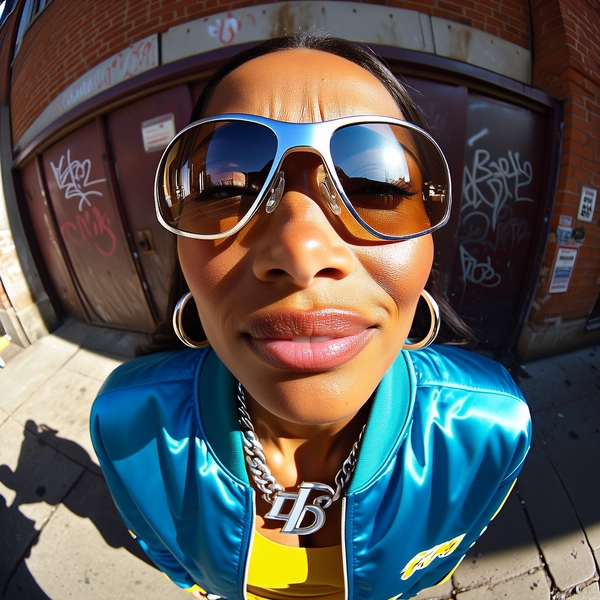 A wide shot of a woman with warm caramel skin tone, natural skin texture evident with visible pores, fine lines, and soft shine across her nose, cheeks, and forehead, captured in a middle close-up from a top-down wide-angle perspective. She wears a bold electric blue satin bomber jacket zipped halfway, revealing a chrome yellow tank top underneath, paired with oversized silver hoop earrings and a thick silver nameplate chain prominently displayed toward the lens. Her face is positioned slightly off-center, lips curved in a confident smirk, eyes casting a bold upward gaze through oversized tinted sunglasses that gleam with reflected light. The fisheye lens pushes her facial features and jewelry forward, intensifying their scale and street swagger.

She stands against weathered brick walls with subtle graffiti and cracked pavement underfoot, lit by direct streetlight casting sharp shadows that enhance the curves of her jacket and jewelry. The background subtly curves inward, accentuating the subject's dominance and attitude while a delicate grain overlays the image for textural authenticity, preserving the tactile details of skin, fabric sheen, and metal reflections. early-2000s Y2K snapshot