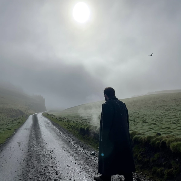 A solitary man clad in a heavy, dark wool coat lingers on a slick, muddy rural path, his posture still as he peers into the dense, swirling fog that cloaks rolling hills beyond. The damp coat fibers catch subtle beads of moisture, while his breath forms faint, ghostly puffs that mingle with the low, whispering mist. Under an overcast, muted sky, the landscape dissolves into soft gradients of grey and mossy green, the horizon line fading into a nearly white haze. Captured from waist height with a slight, unsteady tilt, the iPhone's grain softens shadows and renders a faint glow from a concealed sun above; the scene hums with the quiet drip of condensation and a distant crow’s solitary call. Generous negative space surrounds him, amplifying the hush of early morning solitude—mistbound reverie, shot on iPhone