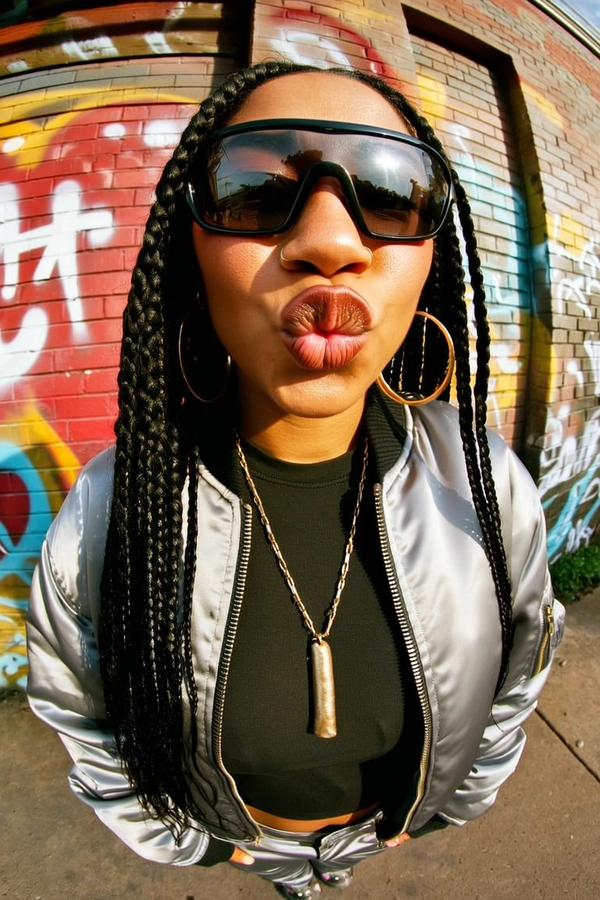 A wide shot of a confident woman with medium brown skin, natural skin texture clearly visible across her cheeks, nose, and forehead, styled with long braided hair cascading over her shoulders, captured in a middle close-up from a top-down wide-angle perspective. She wears a shiny silver satin bomber jacket zipped down to reveal a fitted black crop top underneath, with oversized gold hoop earrings and a chunky pendant necklace prominently displayed. Her face is close to the lens and slightly off-center, lips pressed in a subtle smirk, eyes directed upward above oversized black sunglasses that reflect light, enhancing the lens distortion of her facial features and accessories.

She stands against a graffiti-covered brick wall bathed in afternoon sunlight, with shadows adding depth and warmth. The ultra-wide lens curves the colorful background inward, amplifying her imposing presence and the volume of her apparel while textures from her jacket fabric to skin pores remain sharply detailed with a slight grain overlay. The composition captures her assertive street style and attitude with graphic energy. early-2000s Y2K snapshot