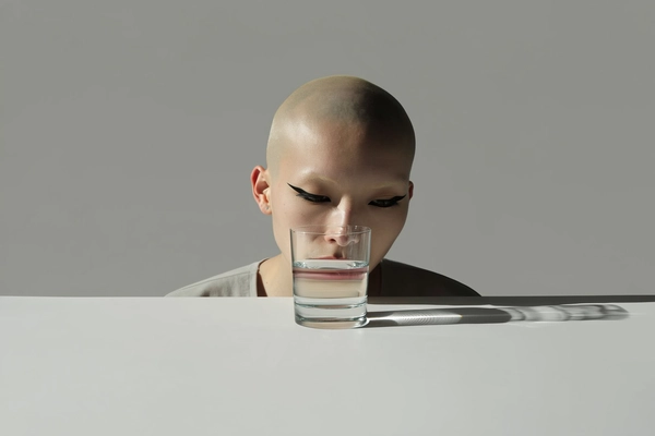 A stark minimalist portrait featuring a bald model with black eyeliner styled in a minimalist-inspired neutral outfit, displaying subtle natural makeup and a neutral, introspective expression. The model leans gently toward a transparent short drinking glass entirely filled with clear water, which rests naturally on a smooth pale gray minimal surface, completely covering and visually splitting their face so that one eye appears unnaturally aligned with their mouth, producing surreal, warped distortions. Harsh side lighting casts elongated, sculptural shadows softly diffusing over a plain pale gray background, highlighting intricate realistic skin textures, natural hairless scalp details, and delicate skin imperfections. The spontaneous framing captures the frontally aligned face behind the water-filled glass with casual authenticity, muted neutral color grading enhancing the stark surrealism, creating a minimal yet strikingly sculptural photographic study resembling a candid iPhone capture.