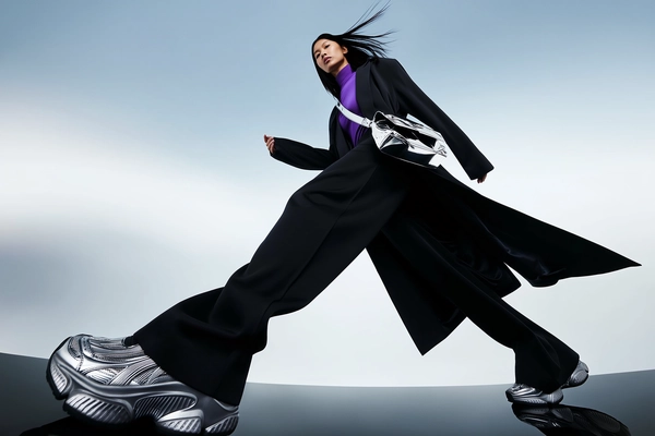 A high-fashion editorial image capturing a woman mid-step in an extreme low-angle perspective that dramatically elongates her legs through surreal lens distortion. She wears distinctly original loose, flared black trousers that ripple dynamically with motion and a sleek trench coat flaring open with her confident stride, revealing a vibrant purple turtleneck underneath. Chunky, futuristic silver sneakers anchor her outfit, contrasting the flowing fabric. Her arms remain naturally proportioned and relaxed by her sides. The background is a minimalist soft gradient reminiscent of a dramatic sky, abstractedly suggesting bending high-rises around her silhouette without explicit detail to maintain focus on her sculptural form. Professional fashion lighting sculpts subtle shadows and dynamic highlights on the flowing fabrics, reflective metallic bag, and textured sneakers, enhancing photorealistic skin details, detailed facial expression of poised confidence, and hair strands slightly tousled by motion. The exaggerated wide-angle lens and low-angle camera positioning create a surreal, fashion-forward editorial feel, emphasizing the surreal elongation of legs and footwear while preserving believable upper body proportions for a compelling, dynamic visual impact.