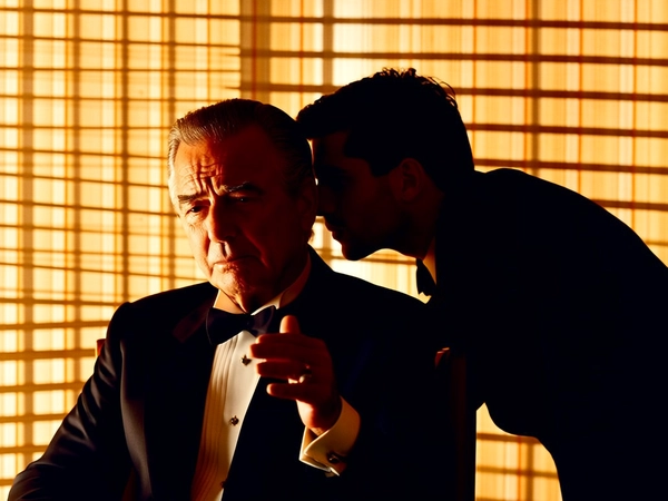 Bathed in a grid of warm, golden light filtering through Venetian blinds, a distinguished older man in a sharply tailored black tuxedo sits poised with a contemplative expression. His slicked-back hair and subtle furrowed brow hint at inner turmoil, while his slightly raised hand suggests a pause mid-discussion. Leaning in close, a younger man in dark formalwear speaks quietly into his ear, shadows cloaking his intent and adding a layer of secrecy. The rich textures of glossy fabrics and the soft, shadowed contours of their faces create palpable tension, framed tightly at eye level to capture every nuanced flicker of emotion. The warm tonal palette mingles with sharp chiaroscuro contrasts, evoking a timeless cinematic drama steeped in power and silent negotiation. —intimate contemporary cinema
