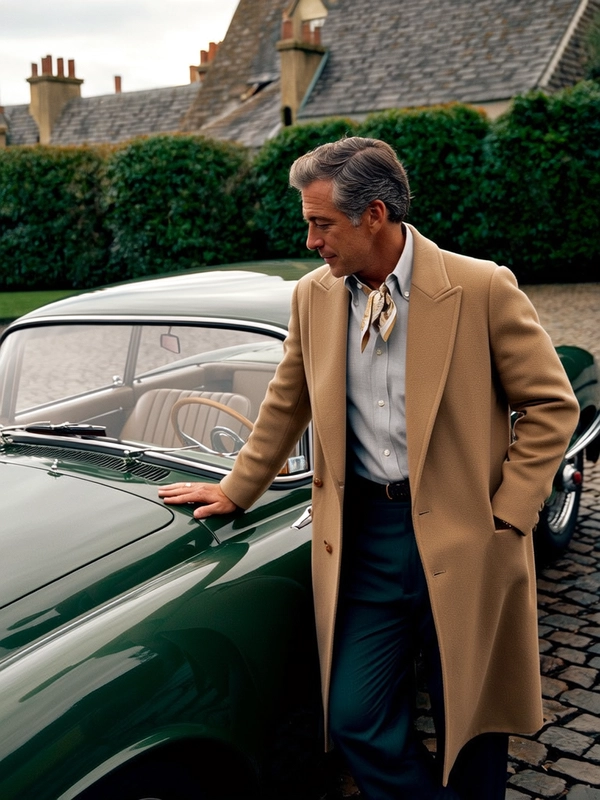 In the soft embrace of an overcast afternoon, a distinguished man leans effortlessly against the polished hood of a vintage 1970s Jaguar, his tailored camel wool coat draping smoothly over a crisp linen shirt beneath. His salt-and-pepper hair is meticulously styled, and a delicate Hermès silk scarf peeks subtly from his collar, hinting at quiet refinement. The muted tones of the car’s deep British racing green harmonize with the earthy cobblestone driveway and the gentle greys of the stone estate in the background. Diffused natural daylight caresses the gently weathered leather seats and the reflective chrome, while tactile details like the smooth contours of the car and the soft texture of his coat are rendered with a delicate layer of 35 mm film grain. The composition rests at eye level through a 50 mm lens, evoking the poised ease of a Slim Aarons tableau, all culminating in a serene portrait of understated affluence."
  —late-70s / early-80s cinematic photograph, authentic film grain.