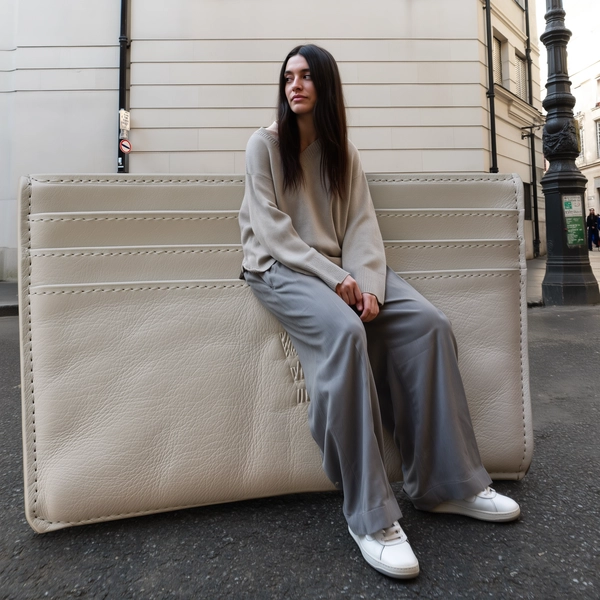 A spontaneous, candid iPhone-style photo of a pale-skinned female model with long dark hair and minimal makeup sitting calmly on the flat top of a dramatically oversized closed wallet, which resembles a clean, smooth leather bench. She wears a relaxed-fit, neutral-toned outfit consisting of a soft beige knit sweater paired with loose grey linen trousers, and simple white sneakers. The oversized wallet features hyper-realistic leather texture with visible fine grain, soft natural creases, detailed stitching in subtle tonal threads, and a gentle glossy finish catching gentle daylight highlights. The setting is an authentic urban sidewalk paved with slightly cracked stone tiles, bordered by neutral-toned building facades with faint architectural details and faint street signage seen softly in the background. Natural daylight softly diffuses over the scene, casting gentle shadows beneath the model and subtle reflections on the wallet's surface, emphasizing textures both on her clothing and the accessory. The photo composition is casually informal with slight tilting and off-center framing, partially cropping the wallet's edges to maintain a natural, spontaneous look typical of an iPhone snapshot. This image harmoniously blends everyday streetwear style with surreal scale, capturing a quiet moment of calm and subtle integration between the model and the oversized leather accessory.