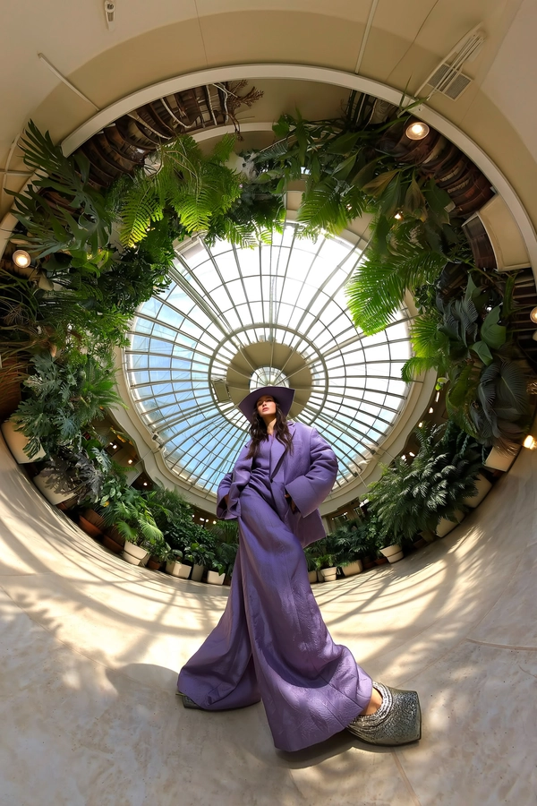 A spontaneous, stylish 360-degree candid image inside a spacious circular greenhouse filled with lush tropical plants bending inward dramatically around the camera lens. A single model stands confidently at the center, wearing an effortlessly chic violet puffy suit with glossy, subtly textured fabric that catches soft daylight filtering through curved glass panels above. Their sharp geometric hat, crafted from matte materials with clean lines, adds modern architectural flair, balancing with the natural greenery enveloping them. The model adopts a relaxed, poised stance with naturally flowing hair featuring fine textured strands, their minimal makeup enhancing authentic skin details. The ground-level spherical 360-degree camera faces upward from the floor's center, capturing the circular scene's immersive tunnel-like distortion where polished stone flooring faintly visible complements rich plant textures. Soft indoor daylight casts gentle, realistic shadows over the fabric folds, lush leaves, and the model's subtly scuffed stylish footwear, creating a vivid yet casual atmosphere emblematic of spontaneous iPhone-paired 360-degree photography with authentic tactile sophistication and fashionable elegance.