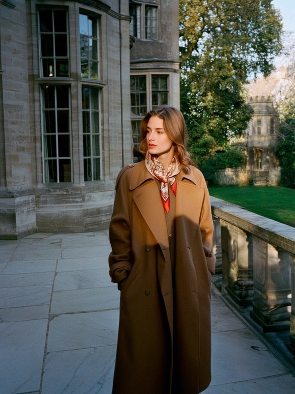 In the soft afternoon light diffused through tall, aged mullioned windows, a composed woman stands with effortless grace on the stone terrace of an ancestral estate, her contemplative gaze softened by the muted hues of the garden beyond. Draped in a finely woven camel-colored wool trench coat, partially revealing a silk scarf richly patterned in Hermès signature tones, her hair is meticulously styled in a gentle wave reminiscent of classic European sophistication. The subdued warmth of fading Kodachrome tones bathes the scene, revealing textured contrasts between the polished marble balustrade and the delicate sheen of her blouse’s silk fabric. A subtle hint of 35 mm analog grain imbues the image with tactile authenticity, as the framing—captured with a 50 mm lens at eye level—balances restraint and intimacy, evoking timeless elegance in the manner of Slim Aarons’ illustrious portraits. —late-70s / early-80s cinematic photograph, authentic film grain.