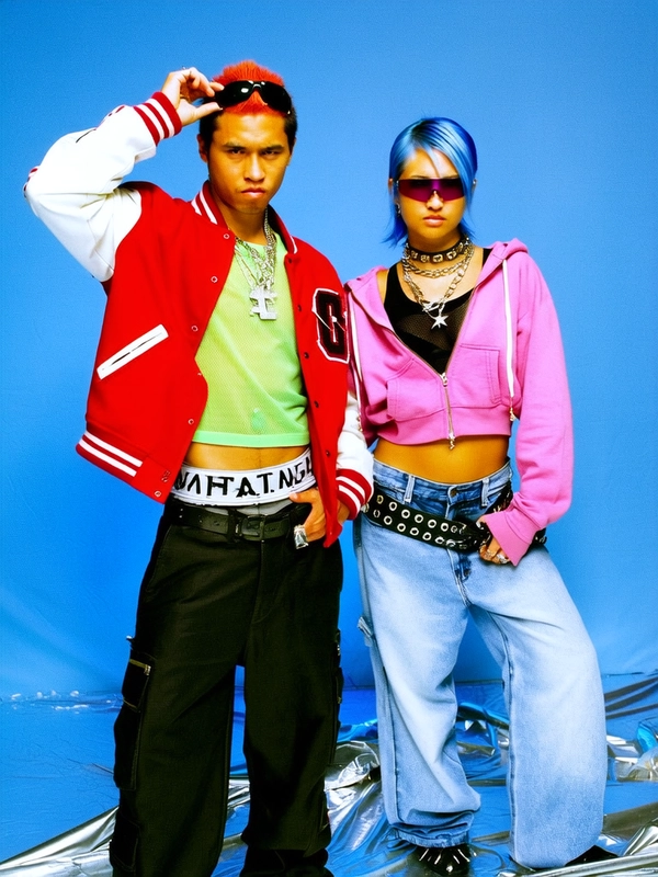 They’re posing side by side against a matte electric blue studio backdrop that subtly fades toward the edges, the floor a wrinkled silver vinyl roll adding texture beneath them. The man wears an oversized cherry red varsity jacket with white leather sleeves, unzipped to reveal a sleeveless neon green mesh top, paired with low-rise wide-leg black cargo pants that sag slightly to flash a thick white waistband printed with bold block letters. His hair is short and spiked with bright orange tips, and he sports layered silver chains and black wraparound sunglasses perched on his head, his expression deadpan and a little confrontational. The woman stands with one hip cocked, wearing a bubblegum pink cropped hoodie zipped halfway down over a black mesh tank, paired with bleached denim wide-legged jeans cinched by a thick grommet belt. Her hair is dyed electric blue, slicked back with visible roots, and she wears layered silver spike necklaces and tinted purple shield sunglasses. Both hold poses that are clearly styled, staring past the camera with controlled apathy, lit by harsh studio lights casting subtle shadows that highlight the grainy softness of the image. The framing is a slightly off-centered medium shot, capturing them mid-thigh up in the classic awkward proportions of a handheld early 2000s digital snapshot.
—casual candid early-2000s Y2K snapshot, grainy softness