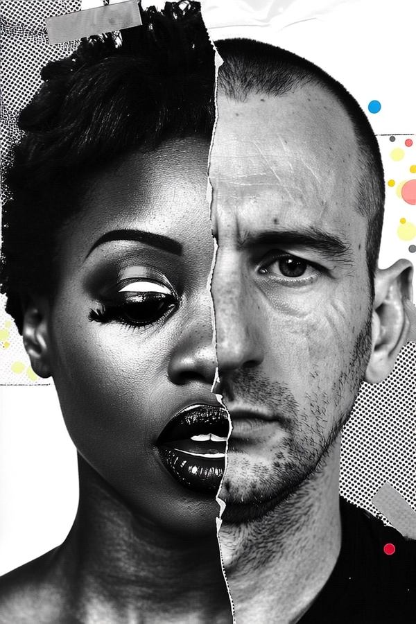 The subject's face is divided sharply down the middle, the left half belonging to a Black woman with layered eyes—one floating above the temple, the other doubled and mirrored near the jawline. Her lips are torn and duplicated, one section curling upward, the other positioned oddly below the chin. The right half is a white man’s visage, his nose bridge split and extended unpredictably, one ear cut out and replaced with a rough paper patch. Both halves overlap slightly with jagged, hand-cut edges and visible tape seams binding the disparate skin tones in a fragmented collage logic. The division is violent yet handmade, evoking punk zine rawness.

Her side's skin shows rich texture—visible pores, fine wrinkles near the eyes, and subtle freckles, the hair cropped short and textured. The man's skin contrasts with subtle scars and stubble, his hair roughly trimmed with analog xerox grain visible throughout. The background is a torn monochrome sticker collage with halftone dots and masking tape borders, grounding the portrait in analog, tactile chaos.
