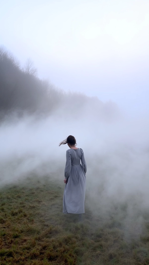 A solitary girl in a flowing soft grey dress stands with her back to the viewer amid a dense fog that blurs the outlines of a damp meadow, her loose hair caught by a gentle breeze that lifts a few strands across her slender neck. The cool mist swirls low, softening the muted greens and faded browns of dew-dark grass underfoot, while the diffused light of a pale overcast dawn cloaks the scene in a gentle veil of muted pastels. Her posture is still, shoulders relaxed, as if she breathes in the silence around her, a faint rustle of distant branches barely audible beneath the hush. The handheld view, taken at waist height with a slight downward tilt, leaves generous negative space of swirling fog before her, lending the moment an intimate, fleeting quality with faint grain in the grey shadows and a subtle halo softening the background's whiteness—mistbound reverie, shot on iPhone.