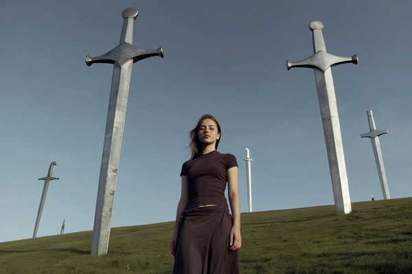 A spontaneously captured, muted-toned iPhone photograph of a young woman standing upright with arms relaxed at her sides on a softly sloping grassy hillside scattered with enormous vertically embedded weathered steel swords. She wears a simple dark fitted top paired with a flowing dark skirt, her hair subtly tousled by a gentle breeze, natural and minimally made-up revealing authentic skin textures with soft freckles and pores subtly visible. The sky above is a clear yet softly muted sharp blue, lending a crisp but cool atmosphere without harsh sunlight, the swords showing realistic worn metal surfaces reflecting diffused natural light. The overall lighting is cool and evenly diffused, lacking strong shadows, capturing the serene and quietly powerful mood. The framing is casual and off-centered with a slightly upward angle that accentuates the surreal scale contrast between the monumental swords and the solitary figure, producing a cinematic and contemplative ambiance rich in quiet melancholy and emotional depth typical of spontaneous iPhone captures.