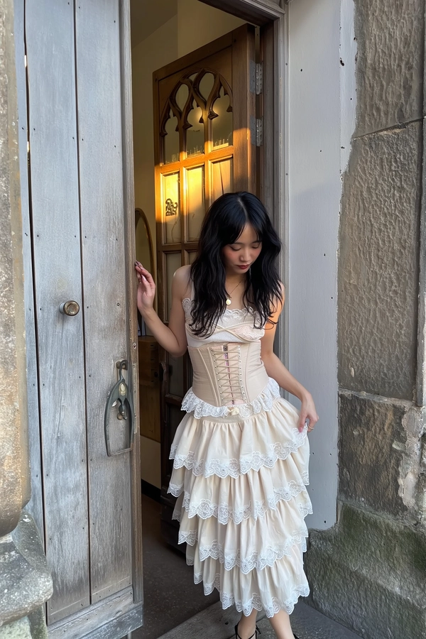 A gently candid iPhone-inspired moment capturing a black-haired woman standing gracefully at the entrance of an aged stone chapel, its wooden door softly ajar. She wears a whimsical Jenny Fax ensemble featuring a fitted corseted top with delicate lace overlays, paired with a tiered skirt adorned in scalloped lace trims and subtle heart-shaped appliqués, all in soft cream hues. Her hair is loosely styled in gentle waves, framing a quietly introspective expression with fresh, minimal makeup. The warm glow of the setting sun filters through the doorway, casting a tender light that enhances the intricate lace texture and the weathered wood’s natural grain. Framed slightly elevated and with a gentle tilt, the composition balances serene vintage intimacy and playful feminine refinement, evoking Jenny Fax's uniquely delicate, romantic aesthetic.