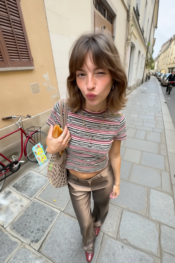 A stylish young woman stands directly above the camera in an elevated wide-angle iPhone-style photo, captured outdoors on a lively tiled urban pavement. She looks straight down into the lens with a subtly relaxed neutral expression, her lips gently pressed in a soft pout, conveying spontaneous candidness. Her hair is casually styled in loose, natural waves, softly framing her face. Her outfit creatively interprets the inspiration of striped crop tops with a boldly patterned, short-sleeve fitted blouse featuring irregular narrow and wide bands in contrasting colors, paired with shimmering textured tapered trousers in a muted metallic bronze tone that softly catch natural daylight without strong glare. She carries a loosely knotted netted shoulder bag gently holding a freshly baked baguette peeking through, reimagined with warm earth tones. Around her, the scene showcases a realistically weathered urban tiled pavement with subtle wear and dirt, complemented by a nearby rusty vintage city bicycle leaning against a textured wall with peeling paint. A charming, hand-painted sandwich board stands casually on the sidewalk, its colorful but abstract graphic shapes suggesting a local café, adding to the authentic street atmosphere. The ambient lighting is soft diffused daylight casting gentle realistic shadows enhancing the natural skin texture, distinct fabric weaves with minor wrinkles, and visible individual hair strands. The photo's elevated wide-angle framing exaggerates the upper body proportions while receding the legs and pavement below, capturing an engaging neutral gaze directly toward the camera lens with natural spontaneous energy. Overall, the image presents a casual, playful, and distinctly original wide-angle iPhone photograph embodying vibrant urban life and authentic fashion styling free from exact replication.