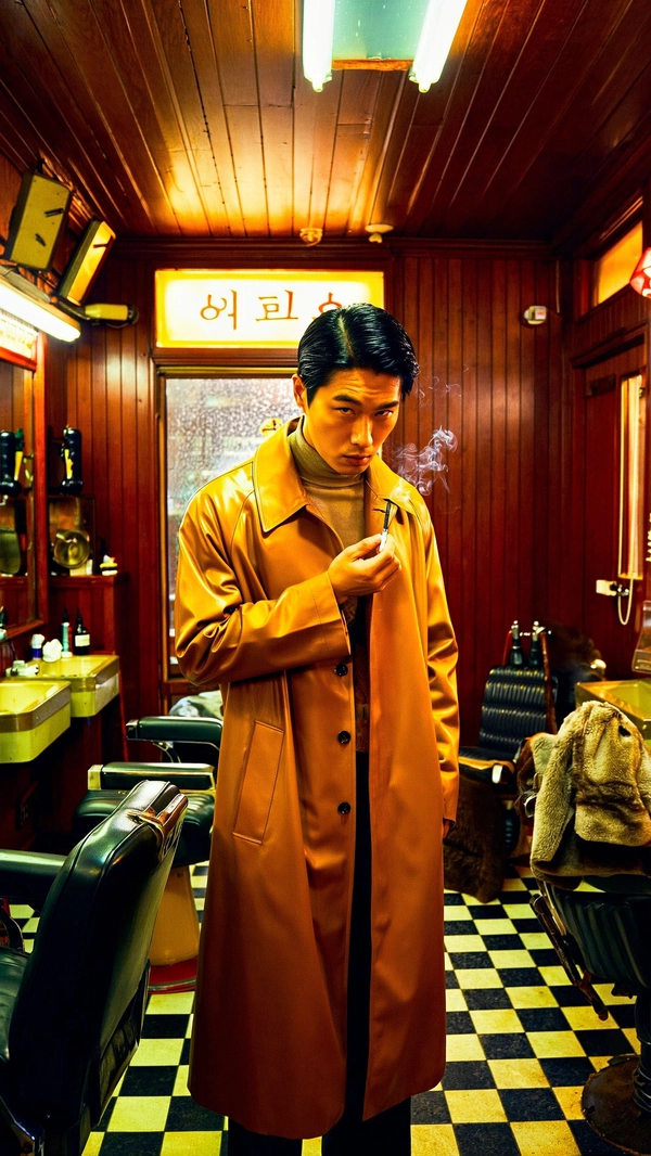 Captured in the deep, saturated warmth of golden-hour Kodachrome, this image features a Korean man standing with unwavering confidence inside a meticulously preserved retro barbershop. He wears a smooth, tan leather trench coat whose supple grain catches the soft amber light spilling through a frosted window, layered over a muted beige turtleneck that clings gently to his neck. His neatly combed black hair contrasts sharply with his taut jaw and serious gaze, piercing directly into the camera lens like a silent dare. 

He holds a slender cigarette between two fingers with deliberate nonchalance—the smoke wisps curling upward, blurring softly against the checkerboard black-and-white flooring glittering faintly under vintage fluorescent tubes. Surrounding him, the dark wood-paneled walls bring a rich mahogany depth to the scene, their varnish glow faintly weathered yet inviting, cracked mirrors catching splintered reflections of worn barber chairs and brass clippers. 

The film grain of classic 35 mm Kodak Tri-X adds tactile grit to the image, emphasizing pores on the subject's face and the slight matte sheen of leather against the soft cloth of his turtleneck. Shot at eye-level through a 50 mm lens, the composition centers on his intense presence—tight framing crops just below his waist to elevate his stance as a subtle but commanding figure. Every detail leans into a cinematic narrative evocative of the era’s stylish grit and poised rebellion. 

This photograph pulses with vintage ambiance, balancing the warmth of nostalgic hues and tangible textures in a quietly intense moment frozen in time—late-70s / early-80s cinematic photograph, authentic film grain.