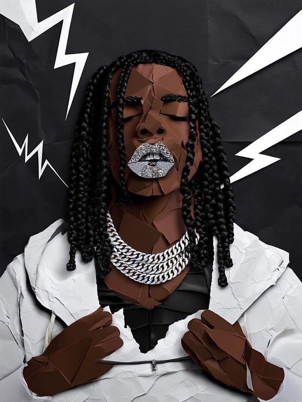 The young man's face and body are assembled from torn, mismatched paper fragments with dark brown and deep umber tones layered unevenly, his shoulder-length box braids formed from curled, twisted paper strips stacking irregularly. His arched brows and parted lips appear pasted on separately, one bottom lip piece cracked to reveal a fragmented diamond grill patch with sparkling collage elements. Both hands grip the torn white hoodie collar, composed of jagged paper edges with folded creases, while the layered silver Cuban chains gleam with distorted metallic paper highlights. His skin texture is rough and matte, broken into pieces revealing subtle layered shadow patches and pasted razor bump textures around the neckline.

He wears a patchwork black tank top made from rigid shaped paper pieces, jagged and off-kilter. The background is a flat, deep black sheet with visible paper wrinkles and folds reconstructed in jagged paper layers, surrounded by sharp white paper lightning bolts and abstract sharp-edged vector debris pasted freely. Flat, harsh frontal lighting slices across the entire composition, throwing sharp, symmetrical shadows and emphasizing the tactile collage seams and overlapping fragments. The tightly cropped, low-angle frame distorts perspective, exploding conventional structure into chaotic, aggressively stylized surreal collage zine art.