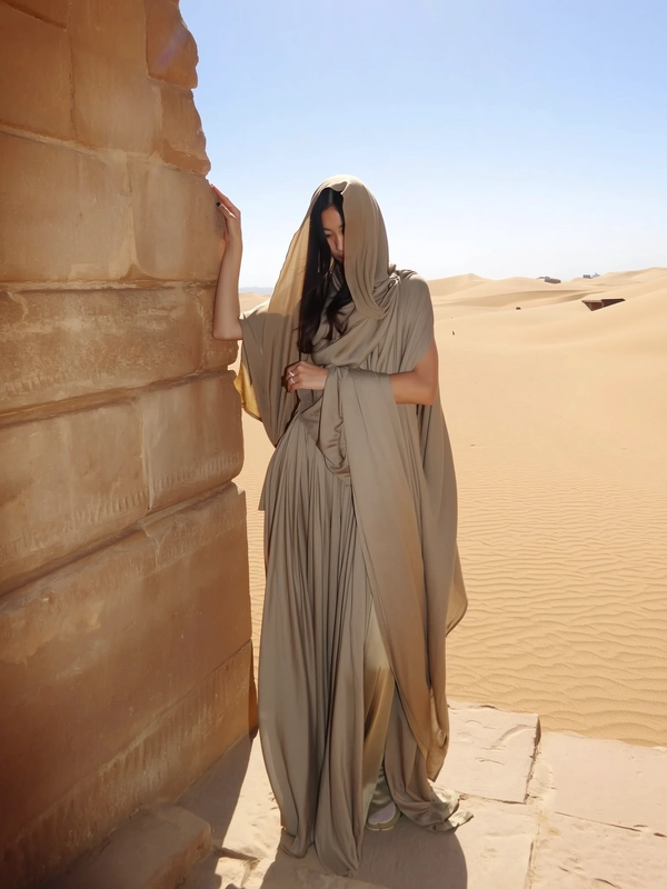A candid iPhone-style image of a desert nomad woman wearing a flowing, muted sand-tone cloak that softly clings to her slender frame, featuring subtle layered draped fabrics typical of nomadic attire. She stands with a calm, introspective stance against a smooth, weathered ancient stone wall amid expansive desert sands. Her face is partially concealed under a hood, enhancing a quiet mysterious aura. The scene is illuminated by bright natural sunlight creating soft, low-contrast shadows typical of casual iPhone photography, with a subtle hint of iPhone flash highlighting the textures of the cloth and stone. The composition is minimalist and asymmetrical, focusing on her elegant silhouette blending with the tactile, weathered surfaces of the ruins and fine desert sand, evoking a serene and timeless atmosphere.