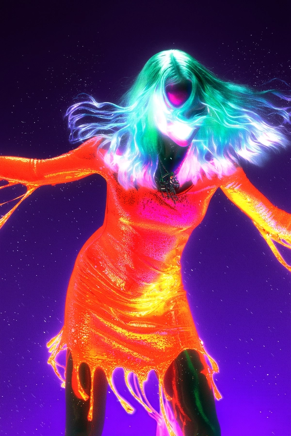 A luminous figure pirouettes within a deep violet void, her iridescent dress liquefying into radiant orange streams that flare and fragment with each twist, while electric teal strands of hair unfurl like spectral ribbons dissolving into radiant pastel waves. Her face disappears into a veil of swirling motion blur, ghostly silk ripples bleeding into plasma-white halos that pulse with an inverted infrared glow, as coarse film grain clusters texture her dripping latex sleeves. Radial after-images trail her arc, vibrating edges caressed by faint gate-weave jitter, while dust specks drift like stardust. The photo quality suggests a slightly grainy or low-resolution digital look, capturing a candid moment where the RGB channels have been flipped to reveal a phosphorescent underworld. Captured with a Canon EOS R5 paired with an RF 85 mm ƒ/1.2 lens, enriched by scanned 800 ISO tungsten film grain and subtle sprocket-flash burn—surreal inverted-color fashion editorial, heavy film grain texture