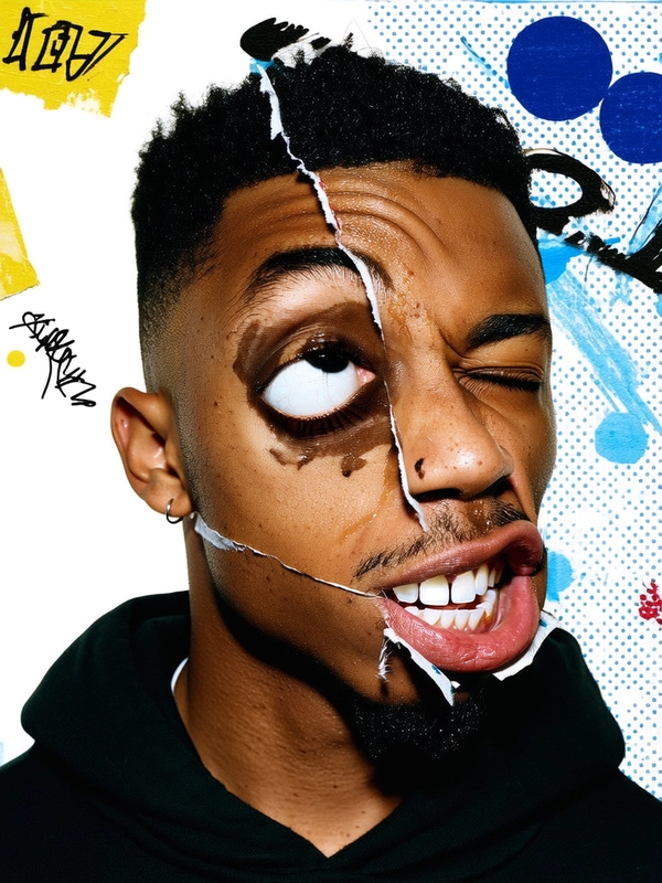 His face is aggressively reassembled with an eye bizarrely positioned where his mouth should be, staring wide and unblinking. One natural eye is duplicated and layered slightly askew above the cheekbone, while the nose is fractured diagonally with a visible torn paper seam. His jawline is harshly cropped, exposing layered fragments of skin and teeth peeking beneath the eye-mouth hybrid. Rough masking tape and sticker fragments hold fragile edges together, echoing underground hip hop flyers' chaotic energy.

The subject’s skin exhibits realistic pores, light stubble, and subtle sweat gloss on his forehead. Short, tightly coiled hair is cut sharply like scissor marks on paper. His black hoodie has torn edges blending into a grainy xerox paper background smeared with faded graffiti tags and halftone dots, capturing a raw, rebellious 90s hip hop zine vibe.