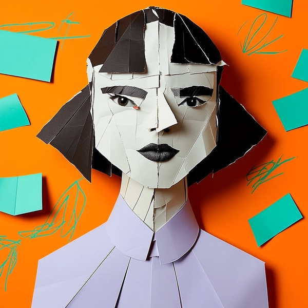 The woman's face and body appear entirely constructed from flat, uneven paper cut-outs, each section deliberately mismatched in tone, shape, and alignment. Her eyes are offset and collaged at different angles—one tilted upward, layered over a darker cheek fragment, the other cut smaller and pushed inward. Her lips are torn from two separate expressions: one side smiling, the other neutral, overlapped to form an uncanny duality. The paper seams across her forehead and chin are visible and inconsistent, as if pieces were ripped, rotated, and reassembled without regard for anatomy. Her neck folds slightly sideways, built from jagged stacked segments. Every surface shows matte, textured edges—creased, frayed, and flattened.

She wears a pale lavender blouse formed from rigid, geometric shapes that ignore natural draping. The background is a vibrant orange field filled with teal vector scribbles and floating paper fragments. Harsh directional lighting slices across the cut-paper surfaces, exaggerating their 2D construction. There is no depth or realism—only a fully flattened, hand-assembled collage aesthetic, raw and emotionally ambiguous.
