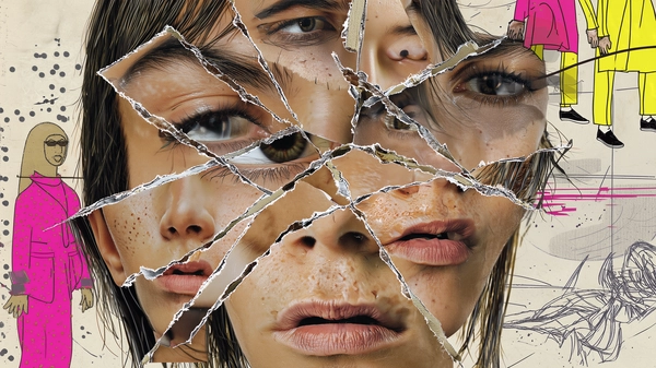 The subject's face is aggressively sliced and reconstructed from four distinct faces, each portion distinctly separated by jagged, visible paper seams that crisscross diagonally. Their eyes are layered in cascading diagonal alignment—some rotated slightly, others semi-transparent—overlapping like torn magazine cutouts. The mouths and noses are fragmented and mismatched, giving a disjointed, patchwork expression. Edges are rough, with tape strips and uneven paper overlaps anchoring each facial segment, creating a raw yet deliberate analog collage tension.

The skin texture remains hyper-realistic, showing sweat pores, fine wrinkles, and minor blemishes that ground the surreal assembly. Hair strands peek erratically under the fragments, textured like xeroxed newsprint. The background melds retro fashion illustrations—bold, hand-drawn figures—and torn notebook-like paper scrawled with erratic pencil scribbles. Halftone dots, grain overlays, and crossed-out ink marks add to the handmade, punk zine vibe.