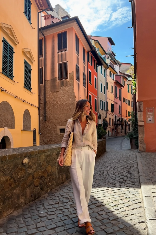 A candid shot of a Swiss woman casually walking past the vibrant, stacked cliffside buildings of Cinque Terre. She wears a minimalist outfit: a soft beige linen shirt loosely tucked into high-waisted white linen trousers, paired with simple tan leather sandals. Her light brown hair is worn naturally down in soft waves, and she carries a large woven tote bag slung over one shoulder. The colorful pastel facades of the iconic multilevel Cinque Terre buildings, showing peeling paint and textured stone accents, create a lively backdrop. Warm natural daylight filters softly through a partly cloudy sky, casting gentle shadows on the cobblestone street and enhancing the tactile textures of fabric and weathered walls. The composition is slightly tilted with an off-center framing, capturing the relaxed, genuine moment typical of authentic iPhone photography imbued with casual elegance and spontaneous intimacy.