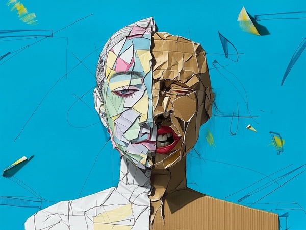 The woman's face is split diagonally into two distinct halves built from torn, layered paper fragments. One side features soft pastel paper folds with a calm, serene expression, edges curled and creased delicately, while the other half is rough duct-taped cardboard, jagged and coarse, her expression twisted with visible despair. The features are misaligned and duplicated slightly, creating a fractured, stitched-together effect. Her neck and shoulders are assembled from jagged, folded paper scraps, mismatched in tone and texture. The background is a flat, vivid sky blue with roughly drawn pencil lines and scattered, abstract watercolor-inspired brushstrokes applied like pasted-on collage elements. Harsh, directional lighting casts graphic shadow blocks across the torn surfaces, emphasizing every seam and fold in this fully flattened, aggressively textured collage portrait.