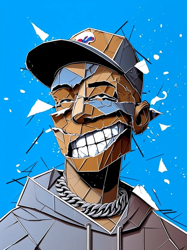 The hip hop 2000s character's face and upper body are assembled from overlapping, ripped paper pieces—each facial feature shattered and pasted non-anatomically. One eye is doubled on the cheek, jagged lips form a crooked smirk from torn fragments, while his baseball cap and thick chain necklace appear layered from matte, creased paper scraps. His skin mixes browns, tans, and dusty blues in rough-textured, mismatched sheets curling at the edges. The figure’s hoodie is a patchwork of angular, flat shapes ignoring natural form. The background bursts with vivid electric blue saturated flat color, scattered with white paint splatter accents and jagged black vector lines. Lighting cuts sharply across edges, emphasizing every raw paper seam, fold, and crumple in a fully 2D, aggressively graphic collage style.